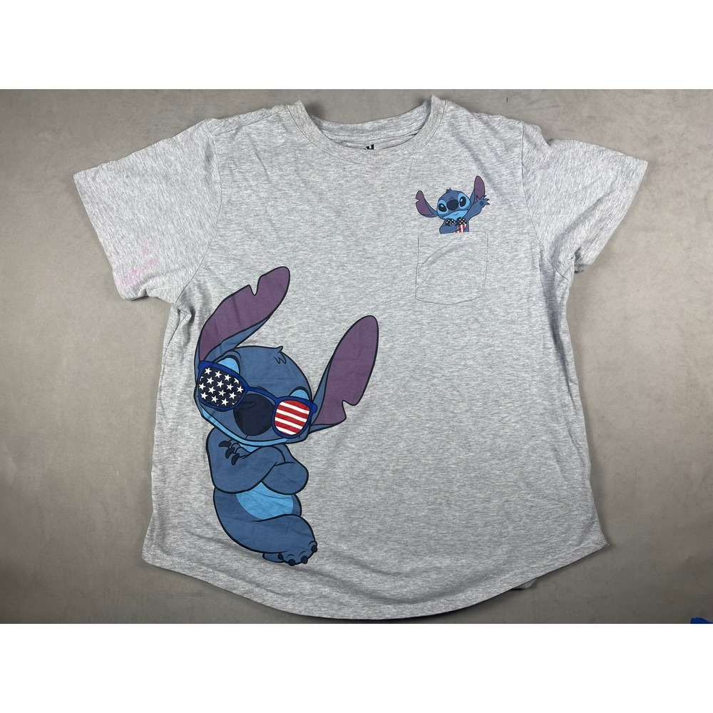 Disney Stitch Patriotic Gray Pocket T-Shirt Plus Size 3XL American Flag Graphic